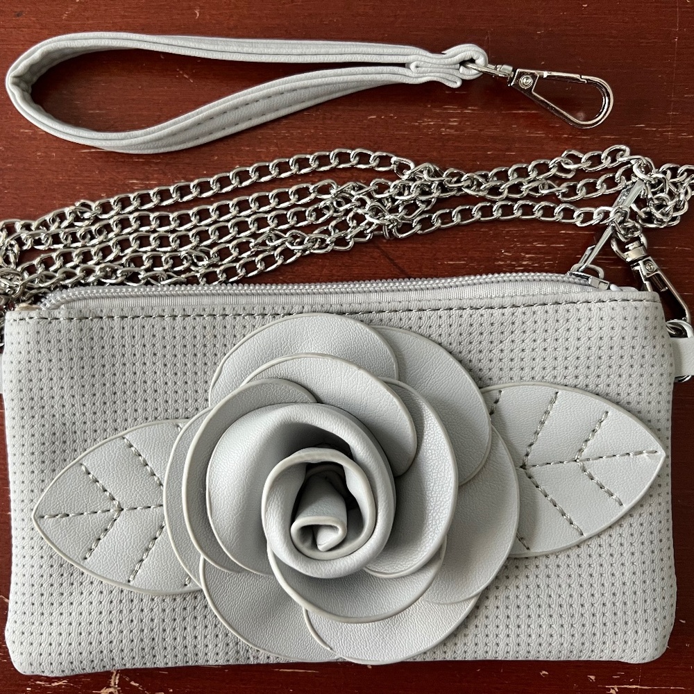 Faux Leather Dove Grey Rose Purse with 2 handle options